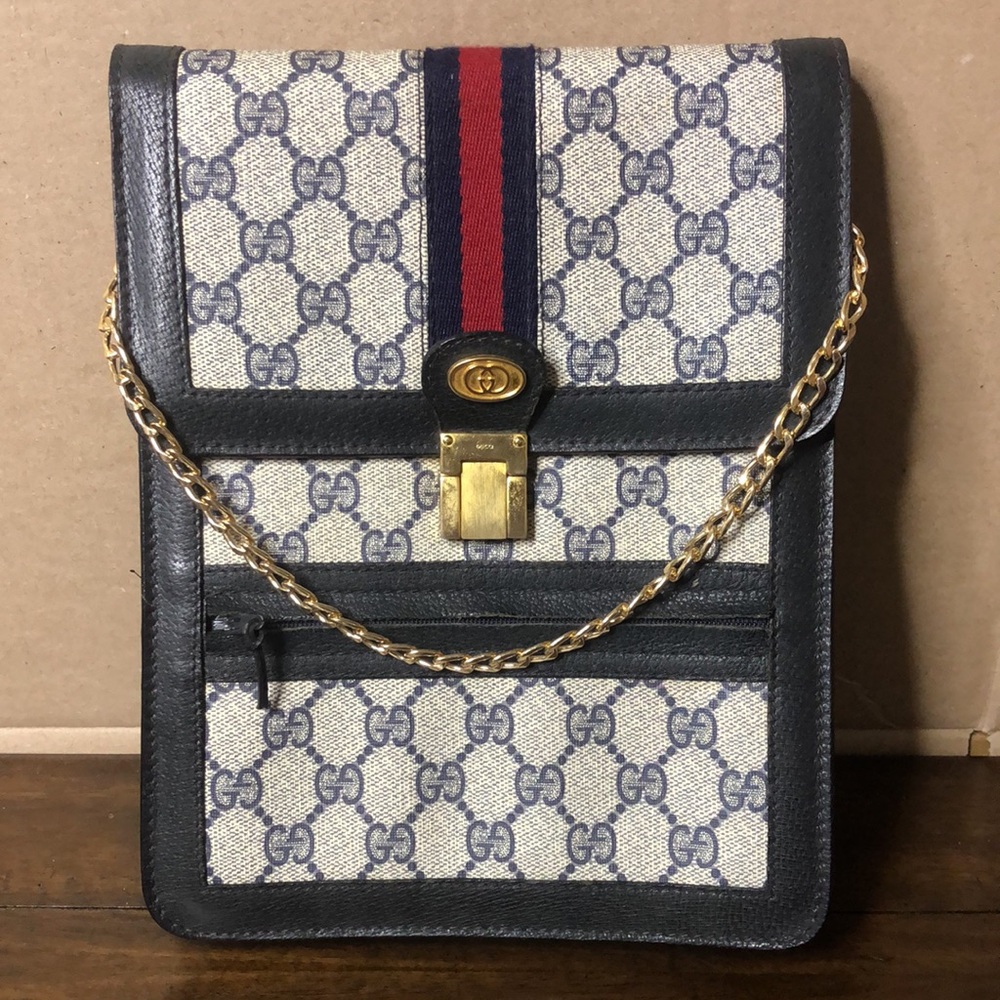 GUCCI GG Ophidia Sherryline Stripe Navy Leather Grey Coated Canvas Crossbody Bag